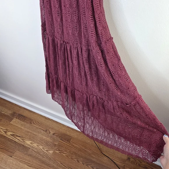 Willow & Root Earth Red Crochet V Neck Adjustible Strap Tiered Maxi Dress Length - Picture 12 of 15